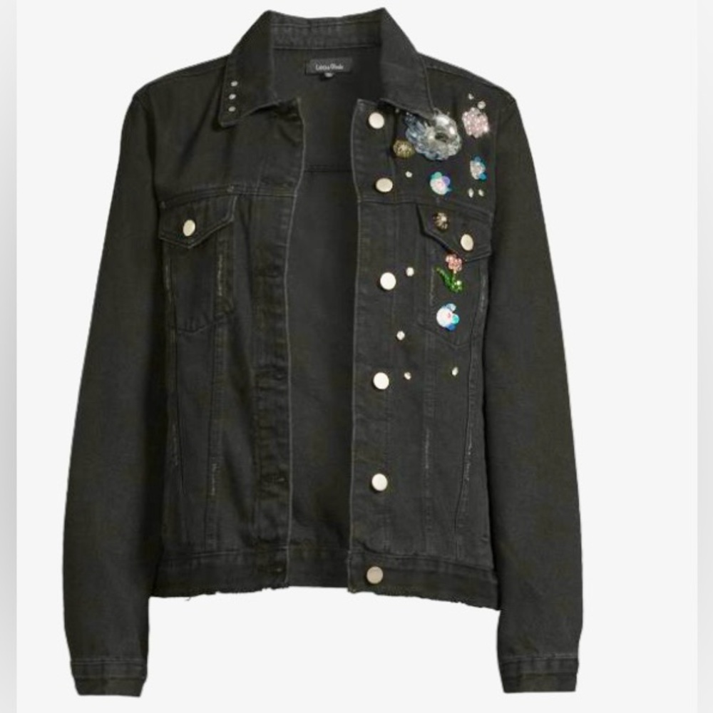 Women’s Sak’s LEA & VIOLA Distressed Embellished Bling Black Denim Jacket Large